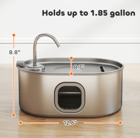 1.8-gallon smart charging recirculating pet water dispenser with visual water level display, SUS304 stainless steel construction